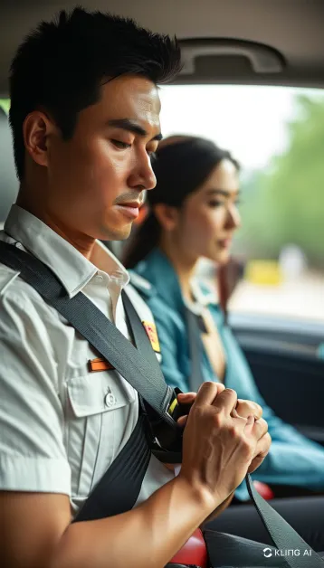 ภาพแสดงหลักการเบื้องต้นของความปลอดภัยขณะขับรถ เช่น คาดเข็มขัดนิรภัยและเว้นระยะห่างจากรถคันหน้า