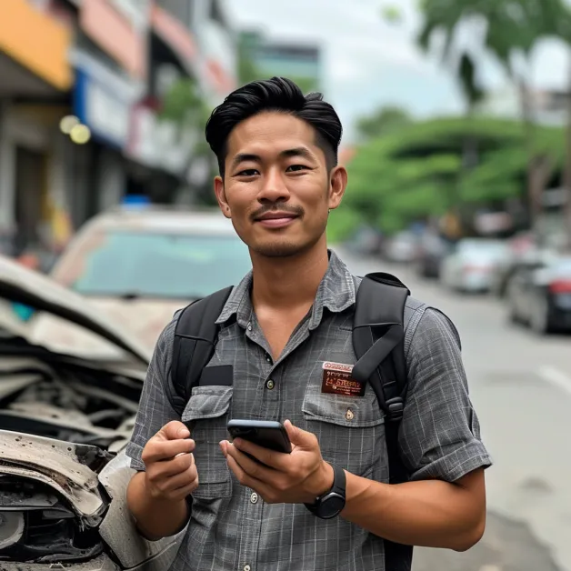 เจ้าของรถที่ถือกรมธรรม์อยู่ในมือ ยิ้มอย่างมั่นใจ แสดงให้เห็นว่าประกันไม่ใช่เรื่องน่ากลัว
