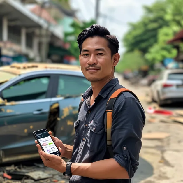 ภาพผู้ขับขี่ที่มีประกันรถยนต์ พูดคุยกับเจ้าหน้าที่ด้วยความสบายใจหลังเกิดเหตุ สื่อถึงความอุ่นใจเมื่อมีประกัน