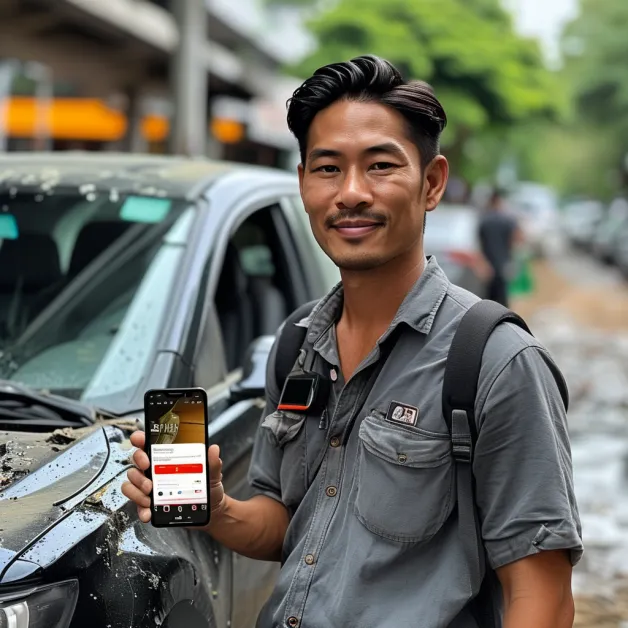 ชายหนุ่มนั่งกุมศีรษะอย่างเคร่งเครียดหลังอุบัติเหตุรถยนต์ บ่งบอกถึงผลกระทบทางอารมณ์และการเงิน