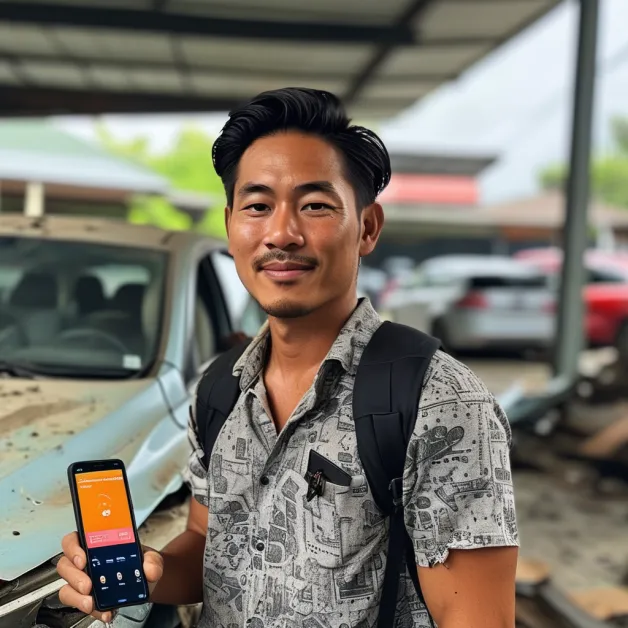 ชายหนุ่มพูดคุยกับเจ้าหน้าที่ประกันรถยนต์อย่างมั่นใจหลังเกิดเหตุ สื่อถึงความอุ่นใจเมื่อมีประกัน