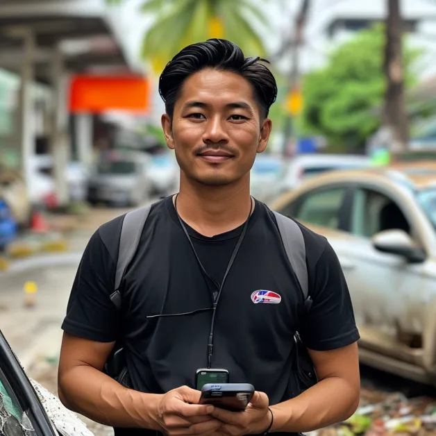 ภาพชายหนุ่มกำลังดูรถยนต์คันใหม่ของตน แสดงถึงความจำเป็นในการอัปเดตประกันรถให้ตรงกับผู้ครอบครองปัจจุบัน