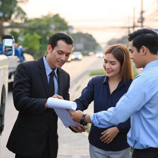 ภาพเจ้าหน้าที่ช่วยเหลือผู้ประสบเหตุบนท้องถนน แสดงถึงความรวดเร็วของการบริการประกันภัย