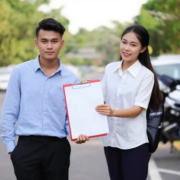 ภาพเจ้าหน้าที่ประกันช่วยเหลือเจ้าของรถที่จอดเสียกลางทาง สื่อถึงความสำคัญของแผนความคุ้มครองที่อัปเดตล่าสุด