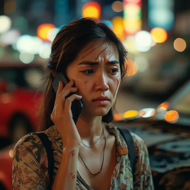 ชายหนุ่มนั่งกุมหัวอย่างวิตกกังวลหลังเกิดอุบัติเหตุรถยนต์ สื่อถึงความเครียดจากค่าใช้จ่ายที่ตามมา
