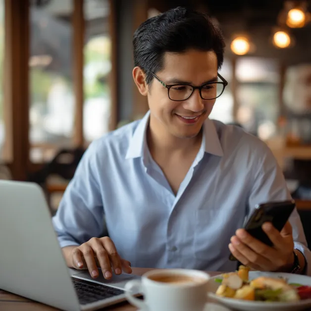 ผู้ชาย กำลังซื้อประกันรถยนต์ ขณะทานอาหาร